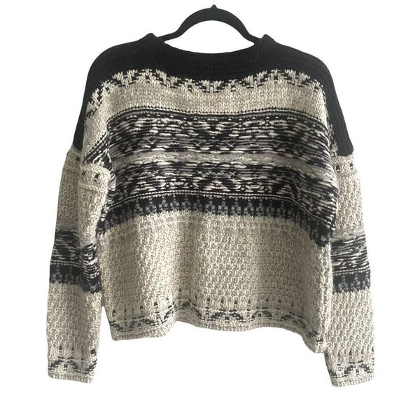 hand Knit Jacquard Link Chunky Knit Boat Neck Long Sleeve Sweater Ecru Black S - Picture 2 of 10